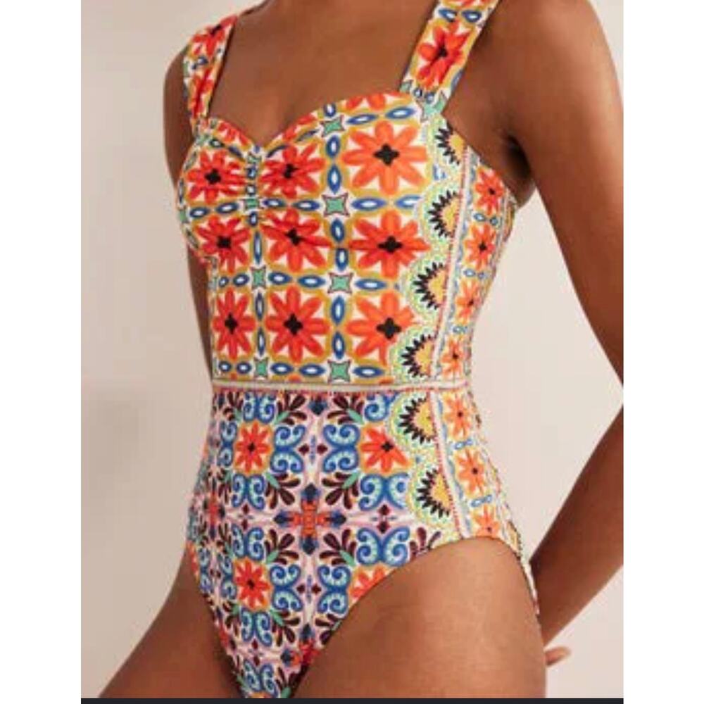 Boden Multicolor Tile-Print One-Piece Swimsuit in Orange, Blue and Red